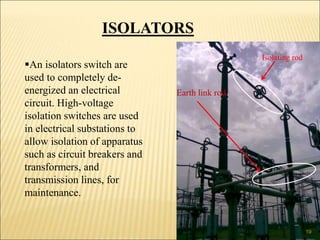 ISOLATORS
An isolators switch are
used to completely de-
energized an electrical
circuit. High-voltage
isolation switches are used
in electrical substations to
allow isolation of apparatus
such as circuit breakers and
transformers, and
transmission lines, for
maintenance.
Isolating rod
Earth link rod
19
 