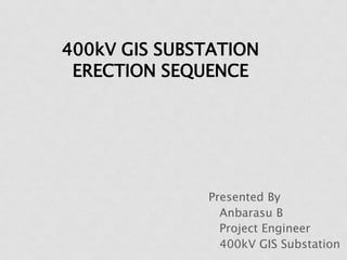400kV GIS SUBSTATION
ERECTION SEQUENCE
Presented By
Anbarasu B
Project Engineer
400kV GIS Substation
 