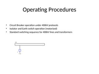 Operating Procedures
• Circuit Breaker operation under 400kV protocols
• Isolator and Earth switch operation (motorized)
• Standard switching sequence for 400kV lines and transformers
 