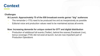Context
Challenges
At Launch: Approximately 75 of the 850 broadcast events garner “big” audiences
• The remainder (~775) need to be produced live and as inexpensively as possible
• Editorial voice and production values need to be maintained across all events
Now: Increasing demands for unique content for OTT and digital distribution
• Production of additional full events (Twitter), behind the scenes (Facebook Live),
bonus coverage (TVE) did not exist at launch, but are now important part of
Production Operations
 