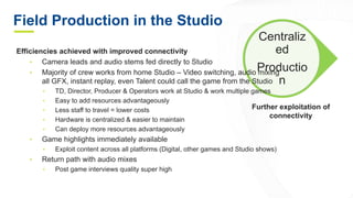 Field Production in the Studio
Centraliz
ed
Productio
n
Efficiencies achieved with improved connectivity
• Camera leads and audio stems fed directly to Studio
• Majority of crew works from home Studio – Video switching, audio mixing
all GFX, instant replay, even Talent could call the game from the Studio
• TD, Director, Producer & Operators work at Studio & work multiple games
• Easy to add resources advantageously
• Less staff to travel = lower costs
• Hardware is centralized & easier to maintain
• Can deploy more resources advantageously
• Game highlights immediately available
• Exploit content across all platforms (Digital, other games and Studio shows)
• Return path with audio mixes
• Post game interviews quality super high
Further exploitation of
connectivity
 