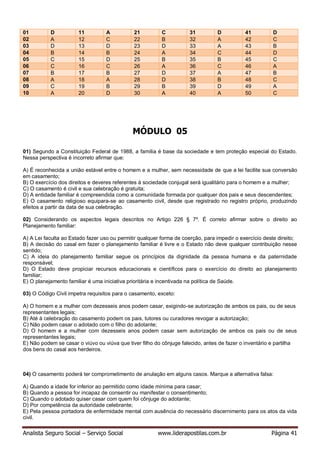 Analista Seguro Social – Serviço Social www.liderapostilas.com.br Página 41
01 D 11 A 21 C 31 D 41 D
02 A 12 C 22 B 32 A 42 C
03 D 13 D 23 D 33 A 43 B
04 B 14 B 24 A 34 C 44 D
05 C 15 D 25 B 35 B 45 C
06 C 16 C 26 A 36 C 46 A
07 B 17 B 27 D 37 A 47 B
08 A 18 A 28 D 38 B 48 C
09 C 19 B 29 B 39 D 49 A
10 A 20 D 30 A 40 A 50 C
MÓDULO 05
01) Segundo a Constituição Federal de 1988, a família é base da sociedade e tem proteção especial do Estado.
Nessa perspectiva é incorreto afirmar que:
A) É reconhecida a união estável entre o homem e a mulher, sem necessidade de que a lei facilite sua conversão
em casamento;
B) O exercício dos direitos e deveres referentes à sociedade conjugal será igualitário para o homem e a mulher;
C) O casamento é civil e sua celebração é gratuita;
D) A entidade familiar é compreendida como a comunidade formada por qualquer dos pais e seus descendentes;
E) O casamento religioso equipara-se ao casamento civil, desde que registrado no registro próprio, produzindo
efeitos a partir da data de sua celebração.
02) Considerando os aspectos legais descritos no Artigo 226 § 7º. É correto afirmar sobre o direito ao
Planejamento familiar:
A) A Lei faculta ao Estado fazer uso ou permitir qualquer forma de coerção, para impedir o exercício deste direito;
B) A decisão do casal em fazer o planejamento familiar é livre e o Estado não deve qualquer contribuição nesse
sentido;
C) A ideia do planejamento familiar segue os princípios da dignidade da pessoa humana e da paternidade
responsável;
D) O Estado deve propiciar recursos educacionais e científicos para o exercício do direito ao planejamento
familiar;
E) O planejamento familiar é uma iniciativa prioritária e incentivada na política de Saúde.
03) O Código Civil impetra requisitos para o casamento, exceto:
A) O homem e a mulher com dezesseis anos podem casar, exigindo-se autorização de ambos os pais, ou de seus
representantes legais;
B) Até à celebração do casamento podem os pais, tutores ou curadores revogar a autorização;
C) Não podem casar o adotado com o filho do adotante;
D) O homem e a mulher com dezesseis anos podem casar sem autorização de ambos os pais ou de seus
representantes legais;
E) Não podem se casar o viúvo ou viúva que tiver filho do cônjuge falecido, antes de fazer o inventário e partilha
dos bens do casal aos herdeiros.
04) O casamento poderá ter comprometimento de anulação em alguns casos. Marque a alternativa falsa:
A) Quando a idade for inferior ao permitido como idade mínima para casar;
B) Quando a pessoa for incapaz de consentir ou manifestar o consentimento;
C) Quando o adotado quiser casar com quem foi cônjuge do adotante;
D) Por competência da autoridade celebrante;
E) Pela pessoa portadora de enfermidade mental com ausência do necessário discernimento para os atos da vida
civil.
 