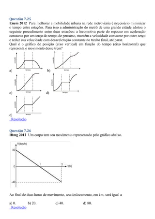 Questão 7.25
Enem 2012 Para melhorar a mobilidade urbana na rede metroviária é necessário minimizar
o tempo entre estações. Para isso a administração do metrô de uma grande cidade adotou o
seguinte procedimento entre duas estações: a locomotiva parte do repouso em aceleração
constante por um terço do tempo de percurso, mantém a velocidade constante por outro terço
e reduz sua velocidade com desaceleração constante no trecho final, até parar.
Qual é o gráfico de posição (eixo vertical) em função do tempo (eixo horizontal) que
representa o movimento desse trem?
a) b)
c) d)
e)
Resolução
Questão 7.26
Iftmg 2012 Um corpo tem seu movimento representado pelo gráfico abaixo.
Ao final de duas horas de movimento, seu deslocamento, em km, será igual a
a) 0. b) 20. c) 40. d) 80.
Resolução
 