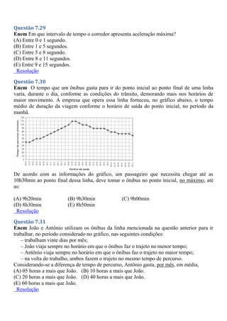 Questão 7.29
Enem Em que intervalo de tempo o corredor apresenta aceleração máxima?
(A) Entre 0 e 1 segundo.
(B) Entre 1 e 5 segundos.
(C) Entre 5 e 8 segundo.
(D) Entre 8 e 11 segundos.
(E) Entre 9 e 15 segundos.
Resolução
Questão 7.30
Enem O tempo que um ônibus gasta para ir do ponto inicial ao ponto final de uma linha
varia, durante o dia, conforme as condições do trânsito, demorando mais nos horários de
maior movimento. A empresa que opera essa linha forneceu, no gráfico abaixo, o tempo
médio de duração da viagem conforme o horário de saída do ponto inicial, no período da
manhã.
De acordo com as informações do gráfico, um passageiro que necessita chegar até as
10h30min ao ponto final dessa linha, deve tomar o ônibus no ponto inicial, no máximo, até
as:
(A) 9h20min (B) 9h30min (C) 9h00min
(D) 8h30min (E) 8h50min
Resolução
Questão 7.31
Enem João e Antônio utilizam os ônibus da linha mencionada na questão anterior para ir
trabalhar, no período considerado no gráfico, nas seguintes condições:
– trabalham vinte dias por mês;
– João viaja sempre no horário em que o ônibus faz o trajeto no menor tempo;
– Antônio viaja sempre no horário em que o ônibus faz o trajeto no maior tempo;
– na volta do trabalho, ambos fazem o trajeto no mesmo tempo de percurso.
Considerando-se a diferença de tempo de percurso, Antônio gasta, por mês, em média,
(A) 05 horas a mais que João. (B) 10 horas a mais que João.
(C) 20 horas a mais que João. (D) 40 horas a mais que João.
(E) 60 horas a mais que João.
Resolução
 