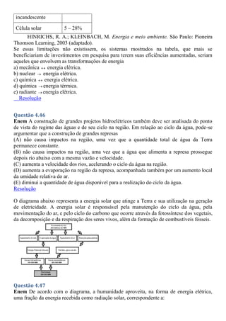 incandescente
Célula solar 5 – 28%
HINRICHS, R. A.; KLEINBACH, M. Energia e meio ambiente. São Paulo: Pioneira
Thomson Learning, 2003 (adaptado).
Se essas limitações não existissem, os sistemas mostrados na tabela, que mais se
beneficiariam de investimentos em pesquisa para terem suas eficiências aumentadas, seriam
aqueles que envolvem as transformações de energia
a) mecânica  energia elétrica.
b) nuclear  energia elétrica.
c) química  energia elétrica.
d) química  energia térmica.
e) radiante  energia elétrica.
Resolução
Questão 4.46
Enem A construção de grandes projetos hidroelétricos também deve ser analisada do ponto
de vista do regime das águas e de seu ciclo na região. Em relação ao ciclo da água, pode-se
argumentar que a construção de grandes represas
(A) não causa impactos na região, uma vez que a quantidade total de água da Terra
permanece constante.
(B) não causa impactos na região, uma vez que a água que alimenta a represa prossegue
depois rio abaixo com a mesma vazão e velocidade.
(C) aumenta a velocidade dos rios, acelerando o ciclo da água na região.
(D) aumenta a evaporação na região da represa, acompanhada também por um aumento local
da umidade relativa do ar.
(E) diminui a quantidade de água disponível para a realização do ciclo da água.
Resolução
O diagrama abaixo representa a energia solar que atinge a Terra e sua utilização na geração
de eletricidade. A energia solar é responsável pela manutenção do ciclo da água, pela
movimentação do ar, e pelo ciclo do carbono que ocorre através da fotossíntese dos vegetais,
da decomposição e da respiração dos seres vivos, além da formação de combustíveis fósseis.
Questão 4.47
Enem De acordo com o diagrama, a humanidade aproveita, na forma de energia elétrica,
uma fração da energia recebida como radiação solar, correspondente a:
 