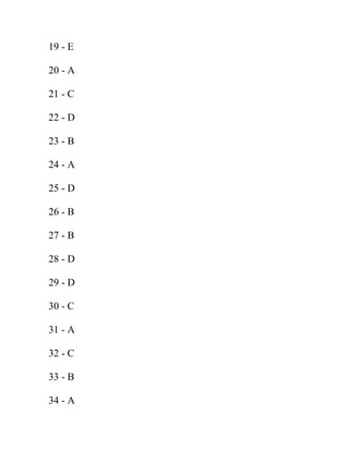 19 - E
20 - A
21 - C
22 - D
23 - B
24 - A
25 - D
26 - B
27 - B
28 - D
29 - D
30 - C
31 - A
32 - C
33 - B
34 - A
 