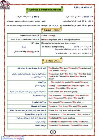 ‫اﻟﻧﻛرة‬ ‫و‬ ‫اﻟﺗﻌرﯾف‬ ‫أدوات‬
◄
)
a / an
(
.‫ﻧﻛرة‬ ‫ﻛﺄدوات‬ ‫ﺗﺳﺗﺧدﻣﺎن‬
)
The
(
.‫ﻟﻠﺗﻌرﯾف‬ ‫ﻛﺄداة‬ ‫ﺗﺳﺗﺧدم‬
◄
‫ﻧﺿ‬
‫ﻊ‬
a
.‫ﺳﺎﻛن‬ ‫ﺑﺣرف‬ ‫ﺗﺑدأ‬ ‫اﻟﺗﻲ‬ ‫اﻷﺳﻣﺎء‬ ‫ﻗﺑل‬
a book – a pen – a tree – a car – a man - a girl
◄
‫ﻧﺿﻊ‬
an
‫ﻣﺗﺣرك‬ ‫ﺑﺣرف‬ ‫ﺗﺑدأ‬ ‫اﻟﺗﻲ‬ ‫اﻷﺳﻣﺎء‬ ‫ﻗﺑل‬
a , e , i , o , u )
(
an apple – an egg – an ice cream – an orange
‫اﻷﺳﻣ‬ ‫ﻗﺑل‬
.‫اﻟﻣﻌدودة‬ ‫اﻟﻣﻔردة‬ ‫ﺎء‬ a table - an egg
‫أو‬ ‫اﻟﻧﺎس‬ ‫ﻣن‬ ‫ﻣﻌﯾﻧﺔ‬ ‫ﻣﺟﻣوﻋﺔ‬ ‫أو‬ ‫اﻟوظﯾﻔﺔ‬ ‫ﻗﺑل‬
.‫اﻟﺟﻧﺳﯾﺔ‬ He is an engineer. She is an English women.
‫ﺑﻣﻌﻧﻲ‬
”
‫ﻛل‬
“ He washes his hands four times a day.
‫ﺷواذ‬
◄
) ‫ﻧﺿﻊ‬
a / an
. ‫اﻟﻧطق‬ ‫ﺣﺳب‬ ‫ﻓﻘط‬ (
◄
) ‫ﺻﺎﻣﺗﺔ‬ ‫ﺣروف‬
h / E
(
an hour / a European city
◄
‫ﻧطﻘﻧﺎ‬ ‫أذا‬
u
a
‫ﻧﺿﻊ‬
an
)
an umbrella
(
◄
‫ﻧطﻘﻧﺎ‬ ‫أذا‬
u
y
‫ﻧﺿﻊ‬
a
)
a university
(
‫ﻣﻧ‬ ‫ﯾوﺟد‬ ‫ﻻ‬ ‫اﻟذي‬ ‫اﻻﺳم‬
‫ﮫ‬
‫ﺳوى‬
‫ﻧوع‬
.‫ﻓﻘط‬ ‫واﺣد‬ The Ka’aba / The sun / The earth / The universe /
The world / The sky ….
‫اﻟﺑﺣﺎر‬ ‫و‬ ‫اﻷﻧﮭﺎر‬ ‫أﺳﻣﺎء‬
‫واﻟﺟﺑﺎل‬ ‫واﻟﺧﻠﺟﺎن‬ ‫واﻟﻣﺣﯾطﺎت‬
‫واﻟﺟزر‬ ‫واﻟﺻﺣﺎري‬
…
.
The Arabian Gulf / The River Nile / The Red Sea /
The Pacific Ocean / The Alps / The Sahara
desert
‫اﻷﺗﺟﮭﺎت‬ ‫ﻣﻊ‬ The north / the south / The east / The west
‫اﻟﻣﻛﺎن‬ ‫ظروف‬ ‫ﻣﻊ‬ The top / The bottom / The left / The right / The
centre / The middle / The corner
‫اﻟﺛﺎﻧﯾﺔ‬ ‫ﻟﻠﻣرة‬ ‫ذﻛر‬ ‫اﻟذي‬ ‫اﻻﺳم‬ ‫ﻣﻊ‬ ‫أل‬ ‫اﻟﺗﻌرﯾف‬ ‫أداة‬ ‫ﻧﺳﺗﺧدم‬ I saw a man. The man was young .
‫اﻟﻣﻌروﻓﺔ‬ ‫اﻷﺷﯾﺎء‬ ‫ﻣﻊ‬ The president / The manager / The door / The
roof / The police / The army / The country
‫اﻟﻣﺷﮭورة‬ ‫اﻷﻣﺎﻛن‬ ‫ﻣﻊ‬ The airport / The museum / The club ….
.‫اﻟﻣوﺳﯾﻘﯾﺔ‬ ‫اﻵﻻت‬ ‫أﺳﻣﺎء‬ The piano / The drum / The oud / The guitar
‫وﺻ‬ ‫ﺿﻣﯾر‬ ‫ﻋﻠﻲ‬ ‫ﺗﺣﺗوي‬ ‫اﻟﺗﻲ‬ ) ‫اﻟوﺻل‬ ‫ﺟﻣﻠﺔ‬ ‫ﻗﺑل‬
‫ﻣﺛل‬ ‫ل‬
Who
( I know the boy who took your bike .
) ‫ﻗﺑل‬
Of
‫اﻟوﺻﻔﯾﺔ‬ ‫اﻟﺟﻣﻠﺔ‬ ‫أو‬ ( The name of …/ The winner of…/ The capital of
( ‫أﺛﻧﯾن‬ ‫ﻣن‬ ‫أﻛﺛر‬ ‫ﺑﯾن‬ ‫اﻟﻣﻘﺎرﻧﺔ‬ ‫ﻋﻧد‬ ) ‫اﻟﺻﻔﺎت‬ ‫ﻗﺑل‬ The tallest / The most exciting
‫اﻟﺗرﺗﯾب‬ ‫أرﻗﺎم‬ ‫ﻣﻊ‬ The first / The second / The third / The fourth ….
‫اﻟﻛﻠﻣﺎت‬ ‫ﺑﻌض‬ ‫ﻣﻊ‬ The radio / The internet / The end / The same
Definite & Indefinite Articles
‫أﺳﺗﺧدام‬
)
The
(
‫أﺳﺗﺧدام‬
)
a /an
(
29
 