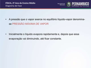 FÍSICA, 2º Ano do Ensino Médio 
Diagrama de Fase 
• A pressão que o vapor exerce no equilíbrio líquido-vapor denomina-se 
PRESSÃO MÁXIMA DE VAPOR 
• Inicialmente o líquido evapora rapidamente e, depois que essa 
evaporação vai diminuindo, até ficar constante. 
 