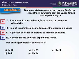 FÍSICA, 2º Ano do Ensino Médio 
Diagrama de Fase 
Tendo em vista o momento em que um líquido se 
encontra em equilíbrio com seu vapor, leia as 
afirmações a seguir: 
I. A evaporação e a condensação ocorrem com a mesma 
velocidade. 
II. Não há transferência de moléculas entre o líquido e o vapor. 
III. A pressão de vapor do sistema se mantém constante. 
IV. A concentração do vapor depende do tempo. 
Das afirmações citadas, são FALSAS: 
a) I e III. b) II e IV. c) II e III. 
d) I e II. e) III e IV. 
V 
F 
V 
F 
 