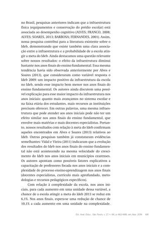 Est. Aval. Educ., São Paulo, v. 27, n. 66, p. 662-688, set./dez. 2016 681
no Brasil, pesquisas anteriores indicam que a infraestrutura
física (equipamentos e conservação do prédio escolar) está
associada ao desempenho cognitivo (ALVES; FRANCO, 2008;
ALVES; SOARES, 2013; BARBOSA; FERNANDES, 2001). Assim,
nossa pesquisa contribui para a literatura existente sobre o
Ideb, demonstrando que existe também uma clara associa-
ção entre a infraestrutura e a probabilidade de a escola atin-
gir a meta do Ideb. Ainda destacamos uma questão relevante
sobre nossos resultados: o efeito da infraestrutura diminui
bastante nos anos finais do ensino fundamental. Essa mesma
tendência havia sido observada anteriormente por Alves e
Soares (2013), que consideraram como variável resposta o
Ideb 2009: um impacto positivo da infraestrutura da escola
no Ideb, sendo esse impacto bem menor nos anos finais do
ensino fundamental. Os autores ainda discutem uma possí-
vel explicação para esse maior impacto da infraestrutura nos
anos iniciais: quanto mais avançamos no sistema escolar e
na faixa etária dos estudantes, mais recursos as instituições
precisam oferecer. Em outras palavras, uma mesma infraes-
trutura que pode atender aos anos iniciais pode não ter um
efeito similar nos anos finais do ensino fundamental, que
envolve mais matérias e mais docentes especialistas. Portan-
to, nossos resultados com relação à meta do Ideb confirmam
aqueles encontrados em Alves e Soares (2013) relativos ao
Ideb. Outras pesquisas também já constataram evidências
semelhantes: Vidal e Vieira (2011) indicaram que a evolução
dos resultados do Ideb nos anos finais do ensino fundamen-
tal não está acontecendo na mesma velocidade do cresci-
mento do Ideb nos anos iniciais em municípios cearenses.
Os autores apontam como possíveis fatores explicativos a
capacitação de professores focada nos anos iniciais e a com-
plexidade do processo ensino-aprendizagem nos anos finais
(docentes especialistas, currículo mais aprofundado, meto-
dologias e recursos pedagógicos específicos).
Com relação à complexidade da escola, nos anos ini-
ciais, para cada aumento em uma unidade dessa variável, a
chance de a escola atingir a meta do Ideb 2013 se reduz em
6,1%. Nos anos finais, espera-se uma redução de chance de
10,1% a cada aumento em uma unidade na complexidade.
 