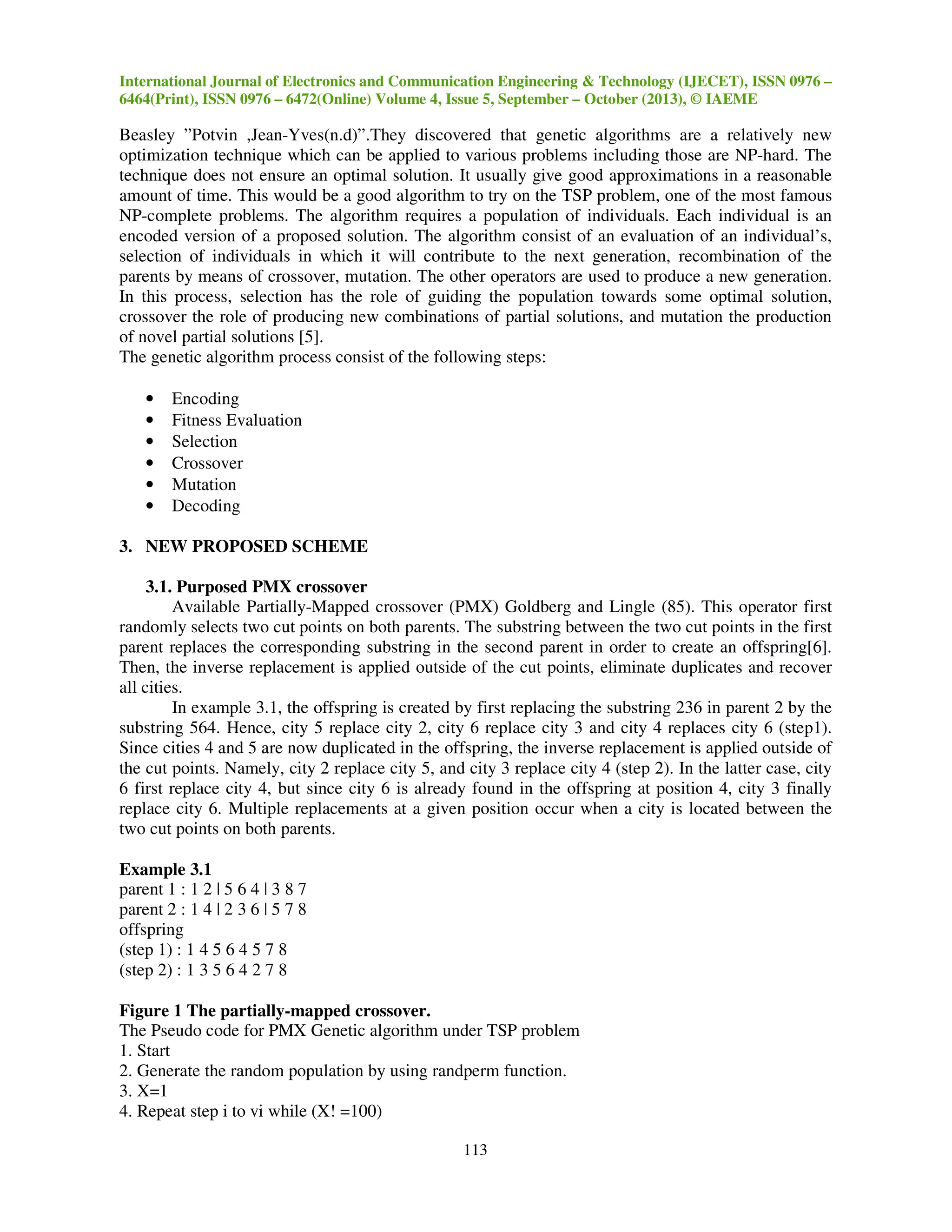 International Journal of Electronics and Communication Engineering & Technology (IJECET), ISSN 0976 –
6464(Print), ISSN 0976 – 6472(Online) Volume 4, Issue 5, September – October (2013), © IAEME

Beasley ”Potvin ,Jean-Yves(n.d)”.They discovered that genetic algorithms are a relatively new
optimization technique which can be applied to various problems including those are NP-hard. The
technique does not ensure an optimal solution. It usually give good approximations in a reasonable
amount of time. This would be a good algorithm to try on the TSP problem, one of the most famous
NP-complete problems. The algorithm requires a population of individuals. Each individual is an
encoded version of a proposed solution. The algorithm consist of an evaluation of an individual’s,
selection of individuals in which it will contribute to the next generation, recombination of the
parents by means of crossover, mutation. The other operators are used to produce a new generation.
In this process, selection has the role of guiding the population towards some optimal solution,
crossover the role of producing new combinations of partial solutions, and mutation the production
of novel partial solutions [5].
The genetic algorithm process consist of the following steps:
•
•
•
•
•
•

Encoding
Fitness Evaluation
Selection
Crossover
Mutation
Decoding

3. NEW PROPOSED SCHEME
3.1. Purposed PMX crossover
Available Partially-Mapped crossover (PMX) Goldberg and Lingle (85). This operator first
randomly selects two cut points on both parents. The substring between the two cut points in the first
parent replaces the corresponding substring in the second parent in order to create an offspring[6].
Then, the inverse replacement is applied outside of the cut points, eliminate duplicates and recover
all cities.
In example 3.1, the offspring is created by first replacing the substring 236 in parent 2 by the
substring 564. Hence, city 5 replace city 2, city 6 replace city 3 and city 4 replaces city 6 (step1).
Since cities 4 and 5 are now duplicated in the offspring, the inverse replacement is applied outside of
the cut points. Namely, city 2 replace city 5, and city 3 replace city 4 (step 2). In the latter case, city
6 first replace city 4, but since city 6 is already found in the offspring at position 4, city 3 finally
replace city 6. Multiple replacements at a given position occur when a city is located between the
two cut points on both parents.
Example 3.1
parent 1 : 1 2 | 5 6 4 | 3 8 7
parent 2 : 1 4 | 2 3 6 | 5 7 8
offspring
(step 1) : 1 4 5 6 4 5 7 8
(step 2) : 1 3 5 6 4 2 7 8
Figure 1 The partially-mapped crossover.
The Pseudo code for PMX Genetic algorithm under TSP problem
1. Start
2. Generate the random population by using randperm function.
3. X=1
4. Repeat step i to vi while (X! =100)
113

 