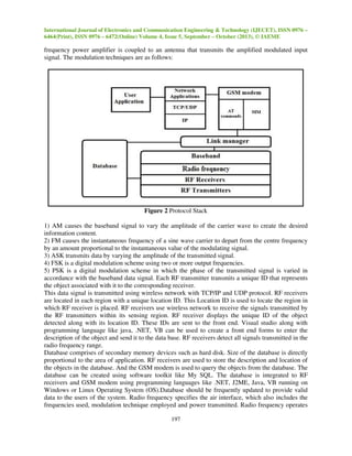 International Journal of Electronics and Communication Engineering & Technology (IJECET), ISSN 0976 –
6464(Print), ISSN 0976 – 6472(Online) Volume 4, Issue 5, September – October (2013), © IAEME

frequency power amplifier is coupled to an antenna that transmits the amplified modulated input
signal. The modulation techniques are as follows:

Figure 2 Protocol Stack
1) AM causes the baseband signal to vary the amplitude of the carrier wave to create the desired
information content.
2) FM causes the instantaneous frequency of a sine wave carrier to depart from the centre frequency
by an amount proportional to the instantaneous value of the modulating signal.
3) ASK transmits data by varying the amplitude of the transmitted signal.
4) FSK is a digital modulation scheme using two or more output frequencies.
5) PSK is a digital modulation scheme in which the phase of the transmitted signal is varied in
accordance with the baseband data signal. Each RF transmitter transmits a unique ID that represents
the object associated with it to the corresponding receiver.
This data signal is transmitted using wireless network with TCP/IP and UDP protocol. RF receivers
are located in each region with a unique location ID. This Location ID is used to locate the region in
which RF receiver is placed. RF receivers use wireless network to receive the signals transmitted by
the RF transmitters within its sensing region. RF receiver displays the unique ID of the object
detected along with its location ID. These IDs are sent to the front end. Visual studio along with
programming language like java, .NET, VB can be used to create a front end forms to enter the
description of the object and send it to the data base. RF receivers detect all signals transmitted in the
radio frequency range.
Database comprises of secondary memory devices such as hard disk. Size of the database is directly
proportional to the area of application. RF receivers are used to store the description and location of
the objects in the database. And the GSM modem is used to query the objects from the database. The
database can be created using software toolkit like My SQL. The database is integrated to RF
receivers and GSM modem using programming languages like .NET, J2ME, Java, VB running on
Windows or Linux Operating System (OS).Database should be frequently updated to provide valid
data to the users of the system. Radio frequency specifies the air interface, which also includes the
frequencies used, modulation technique employed and power transmitted. Radio frequency operates
197

 