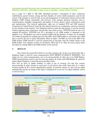 International Journal of Electronics and Communication Engineering & Technology (IJECET), ISSN 0976 –
6464(Print), ISSN 0976 – 6472(Online) Volume 4, Issue 5, September – October (2013), © IAEME

over a range of 3 KHz to 300 GHz. Baseband provides a description of basic connection
establishment, packet formats, timing and basic Quality of service (QoS) parameters used by the
system. Link manager is used for link set-up and management of connections between devices like
database, GSM modem, transmitters and receivers. Link manager performs functions such as
synchronization, capability management, and quality of service, power control, transmission mode
and authentication. The network applications make use of standard TCP and UDP protocol.
Transmission Control Protocol sends the data directly between two components, and stay connected
for the duration of the transfer. User Datagram Protocol sends the data packets it into the network
without requiring prior connections and provides best effort service. TCP/UDP protocol runs over
standard IP protocol. TCP/UDP over IP is described in [3]. GSM modem is integrated to the
database. E.g., VB platform are used to interface GSM with the database. It makes use of standard
AT modem commands for sending and receiving SMS. Each GSM modem is associated with a SIM
that is used by the user to query Information about an object. All SMS are sent to the SIM of the
GSM modem. GSM network is used for transmission of messages from the mobile station to the
GSM modem. User interface consists of cell phones, PDA and so on. They are used to query about
the object by sending SMS to the GSM modem via the network.
V.

RESULTS

Fig.3 shows the actual GUI which we see after running code. In this icon which looks like a
telephone shape is used for serial communication (NOT SHOWN IN RESULT WINDOW). Two
shapes for two serial communication; one is for microcontroller & other one is for GSM Modem.
GSM Communication section is just for read only purpose & works with GSM Modem & cannot be
edited. Object Database is used with microcontroller circuit.
Now first we have to update database in order to get its location. For that first connect
microcontroller & other circuitry to serial port. It will receive data A106. From that A1 is shelve
location number & 06 is device identification number. In location column A1 data will get added
automatically and also an image of the object is displayed & we can see it in object database section
as shown in fig.3

Figure 3 Result
198

 