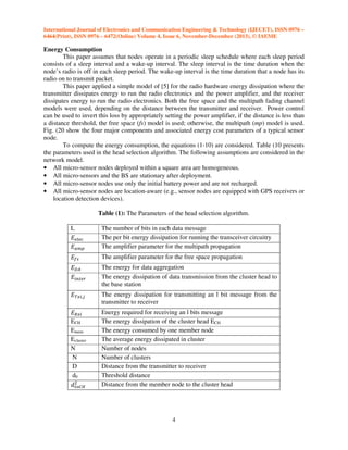 International Journal of Electronics and Communication Engineering & Technology (IJECET), ISSN 0976 –
6464(Print), ISSN 0976 – 6472(Online) Volume 4, Issue 6, November-December (2013), © IAEME

Energy Consumption
This paper assumes that nodes operate in a periodic sleep schedule where each sleep period
consists of a sleep interval and a wake-up interval. The sleep interval is the time duration when the
node’s radio is off in each sleep period. The wake-up interval is the time duration that a node has its
radio on to transmit packet.
This paper applied a simple model of [5] for the radio hardware energy dissipation where the
transmitter dissipates energy to run the radio electronics and the power amplifier, and the receiver
dissipates energy to run the radio electronics. Both the free space and the multipath fading channel
models were used, depending on the distance between the transmitter and receiver. Power control
can be used to invert this loss by appropriately setting the power amplifier, if the distance is less than
a distance threshold, the free space (fs) model is used; otherwise, the multipath (mp) model is used.
Fig. (20 show the four major components and associated energy cost parameters of a typical sensor
node.
To compute the energy consumption, the equations (1-10) are considered. Table (10 presents
the parameters used in the head selection algorithm. The following assumptions are considered in the
network model.
• All micro-sensor nodes deployed within a square area are homogeneous.
• All micro-sensors and the BS are stationary after deployment.
• All micro-sensor nodes use only the initial battery power and are not recharged.
• All micro-sensor nodes are location-aware (e.g., sensor nodes are equipped with GPS receivers or
location detection devices).
Table (1): The Parameters of the head selection algorithm.
L
‫ܧ‬௘௟௘௖
‫ܧ‬௔௠௣
‫ܧ‬௙௦

‫ܧ‬஽஺
‫ܧ‬௜௡௧௘௥
‫்ܧ‬௫௜,௝

‫ܧ‬ோ௫௜
ECH
Emem
Ecluster
N
N
D
d0
ଶ
݀௧௢஼ு

The number of bits in each data message
The per bit energy dissipation for running the transceiver circuitry
The amplifier parameter for the multipath propagation
The amplifier parameter for the free space propagation
The energy for data aggregation
The energy dissipation of data transmission from the cluster head to
the base station
The energy dissipation for transmitting an l bit message from the
transmitter to receiver
Energy required for receiving an l bits message
The energy dissipation of the cluster head ECH
The energy consumed by one member node
The average energy dissipated in cluster
Number of nodes
Number of clusters
Distance from the transmitter to receiver
Threshold distance
Distance from the member node to the cluster head

4

 