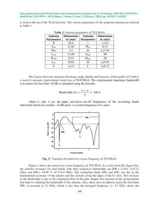 International Journal of Electronics and Communication Engineering & Technology (IJECET), ISSN 0976 –
6464(Print), ISSN 0976 – 6472(Online), Volume 5, Issue 2, February (2014), pp. 98-102 © IAEME
100
is used at the tip of the 50 feed line. The various parameters of the proposed antenna are enlisted
in Table 1.
Table 1: Various parameters of TUCMAA
Antenna
Parameters
Dimensions
in (mm)
Antenna
Parameters
Dimensions
in (mm)
R 26.6 v λ0/10
L50 21.84 WTr 0.15
W50 3.2 D λ0/1.96
L100 21.88 ASub 90
W100 0.74 BSub 50
LTr 10.92 H λ0/9.96
h λ0/10 L λ0/8.32
The Vector Network Analyzer (Germany make, Rohde and Schwarz, ZVK model 1127.8651)
is used to measure experimental return loss of TUCMAA. The experimental impedance bandwidth
over return loss less than -10 dB is calculated using the formula,
2 1
Bandwidth (%) =
C
f f
f
−
× 100 %
where, f2 and f1 are the upper and lower cut off frequencies of the resonating bands
when their return loss reaches -10 dB and fC is a centre frequency of f2 and f1.
Fig. 3: Variation of return loss versus frequency of TUCMAA
Figure 3 shows the return loss versus frequency of TUCMAA. It is clear from this figure that,
the antenna resonates for dual bands with their respective bandwidths are BW1= 6.45% (3.0-3.2
GHz) and BW2= 44.90 % (4.37-6.9 GHz). The resonating bands BW1 and BW2 are due to the
fundamental resonance of the patches and the currents along the edges of the U- slots. This increase
in the bandwidth is due to the combined effect of the plus shaped slots present on the ground plane
that help in widening the bandwidth of the antenna. Also, these slots in addition cause the first band
BW1 to resonate at 3.1 GHz, which is less than the designed frequency i.e. 3.5 GHz, shows the
 