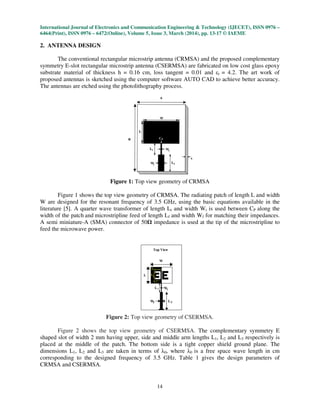 International Journal of Electronics and Communication Engineering & Technology (IJECET), ISSN 0976 –
6464(Print), ISSN 0976 – 6472(Online), Volume 5, Issue 3, March (2014), pp. 13-17 © IAEME
14
2. ANTENNA DESIGN
The conventional rectangular microstrip antenna (CRMSA) and the proposed complementary
symmetry E-slot rectangular microstrip antenna (CSERMSA) are fabricated on low cost glass epoxy
substrate material of thickness h = 0.16 cm, loss tangent = 0.01 and εr = 4.2. The art work of
proposed antennas is sketched using the computer software AUTO CAD to achieve better accuracy.
The antennas are etched using the photolithography process.
Figure 1: Top view geometry of CRMSA
Figure 1 shows the top view geometry of CRMSA. The radiating patch of length L and width
W are designed for the resonant frequency of 3.5 GHz, using the basic equations available in the
literature [5]. A quarter wave transformer of length Lt and width Wt is used between CP along the
width of the patch and microstripline feed of length Lf and width Wf for matching their impedances.
A semi miniature-A (SMA) connector of 50 impedance is used at the tip of the microstripline to
feed the microwave power.
Figure 2: Top view geometry of CSERMSA.
Figure 2 shows the top view geometry of CSERMSA. The complementary symmetry E
shaped slot of width 2 mm having upper, side and middle arm lengths L1, L2 and L3 respectively is
placed at the middle of the patch. The bottom side is a tight copper shield ground plane. The
dimensions L1, L2 and L3 are taken in terms of λ0, where λ0 is a free space wave length in cm
corresponding to the designed frequency of 3.5 GHz. Table 1 gives the design parameters of
CRMSA and CSERMSA.
 