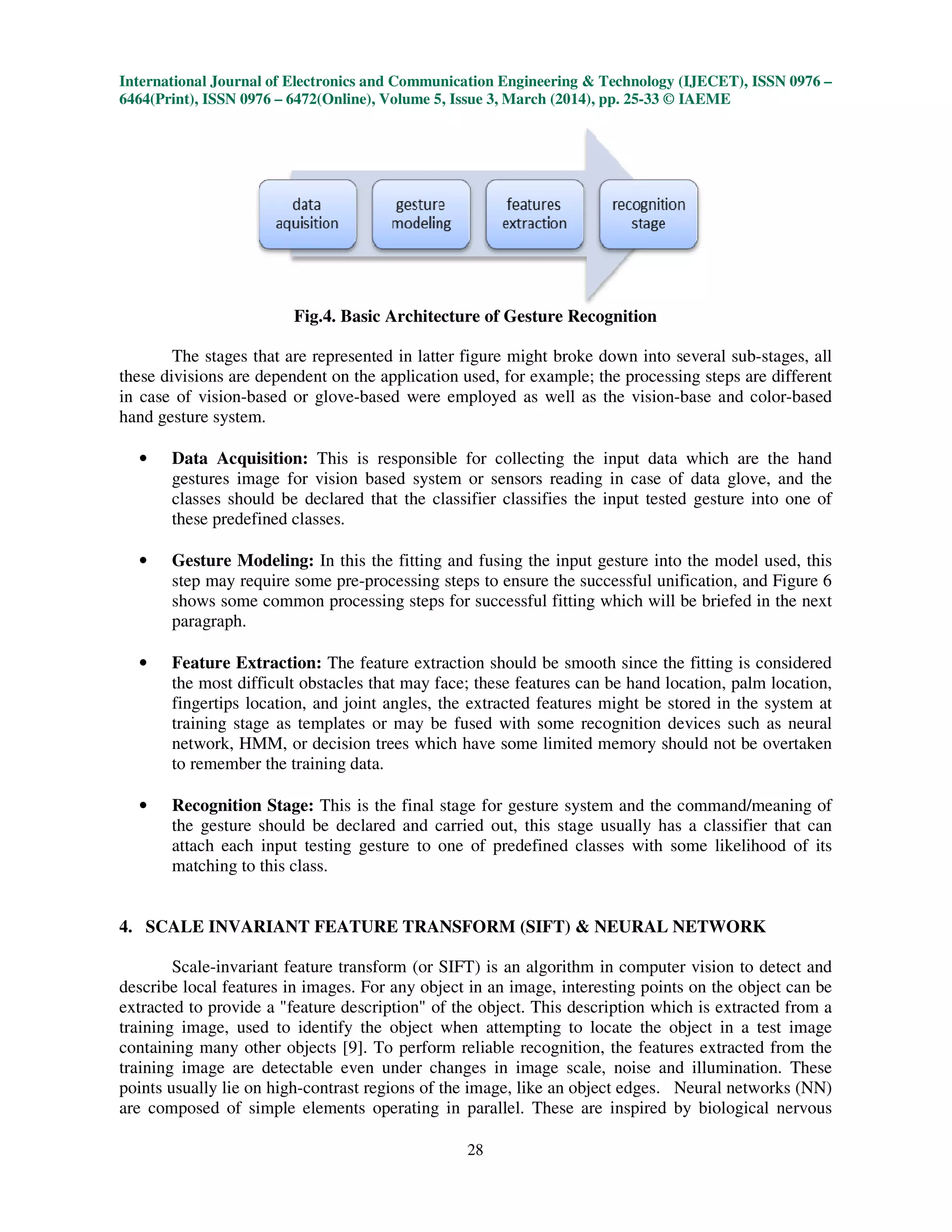 International Journal of Electronics and Communication Engineering & Technology (IJECET), ISSN 0976 –
6464(Print), ISSN 0976 – 6472(Online), Volume 5, Issue 3, March (2014), pp. 25-33 © IAEME
28
Fig.4. Basic Architecture of Gesture Recognition
The stages that are represented in latter figure might broke down into several sub-stages, all
these divisions are dependent on the application used, for example; the processing steps are different
in case of vision-based or glove-based were employed as well as the vision-base and color-based
hand gesture system.
• Data Acquisition: This is responsible for collecting the input data which are the hand
gestures image for vision based system or sensors reading in case of data glove, and the
classes should be declared that the classifier classifies the input tested gesture into one of
these predefined classes.
• Gesture Modeling: In this the fitting and fusing the input gesture into the model used, this
step may require some pre-processing steps to ensure the successful unification, and Figure 6
shows some common processing steps for successful fitting which will be briefed in the next
paragraph.
• Feature Extraction: The feature extraction should be smooth since the fitting is considered
the most difficult obstacles that may face; these features can be hand location, palm location,
fingertips location, and joint angles, the extracted features might be stored in the system at
training stage as templates or may be fused with some recognition devices such as neural
network, HMM, or decision trees which have some limited memory should not be overtaken
to remember the training data.
• Recognition Stage: This is the final stage for gesture system and the command/meaning of
the gesture should be declared and carried out, this stage usually has a classifier that can
attach each input testing gesture to one of predefined classes with some likelihood of its
matching to this class.
4. SCALE INVARIANT FEATURE TRANSFORM (SIFT) & NEURAL NETWORK
Scale-invariant feature transform (or SIFT) is an algorithm in computer vision to detect and
describe local features in images. For any object in an image, interesting points on the object can be
extracted to provide a "feature description" of the object. This description which is extracted from a
training image, used to identify the object when attempting to locate the object in a test image
containing many other objects [9]. To perform reliable recognition, the features extracted from the
training image are detectable even under changes in image scale, noise and illumination. These
points usually lie on high-contrast regions of the image, like an object edges. Neural networks (NN)
are composed of simple elements operating in parallel. These are inspired by biological nervous
 