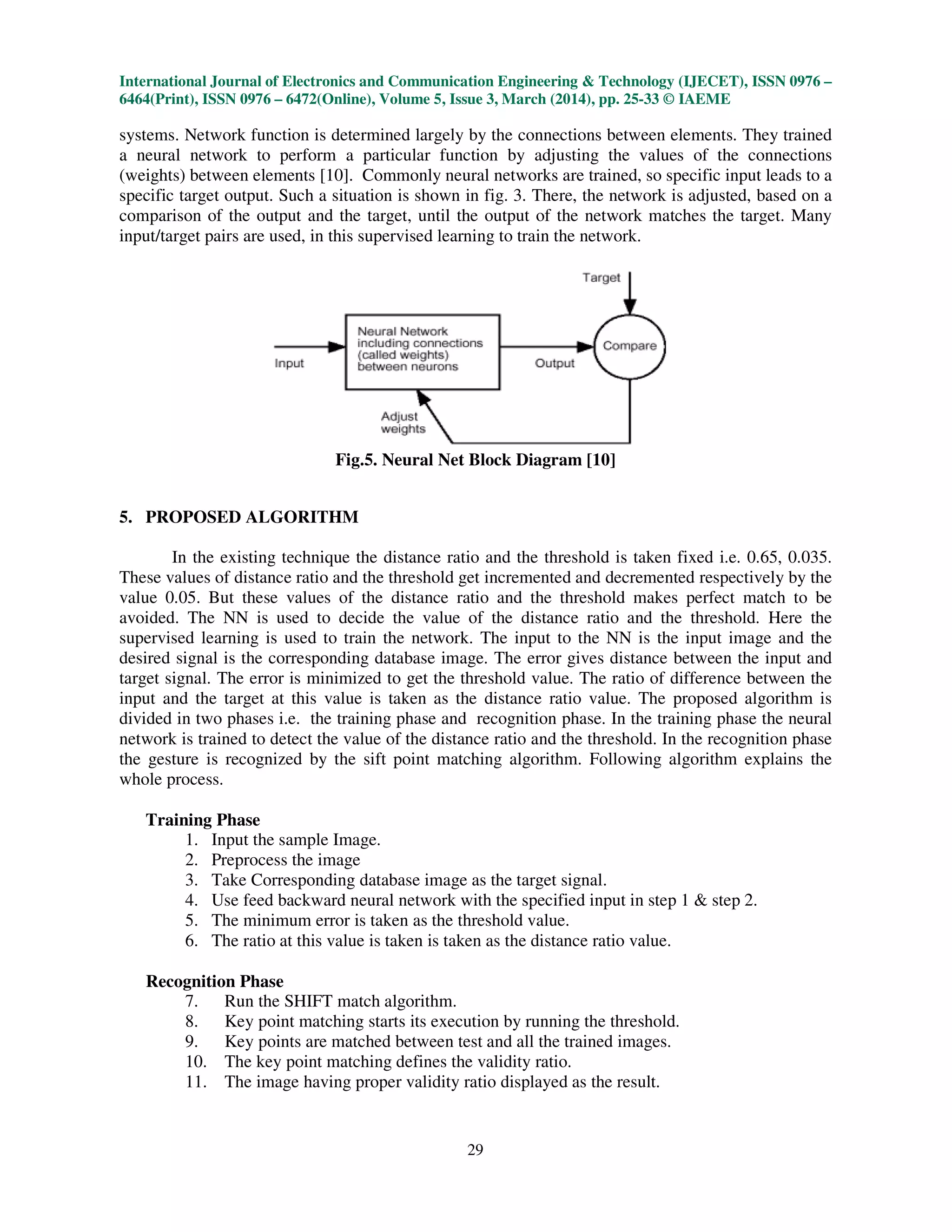 International Journal of Electronics and Communication Engineering & Technology (IJECET), ISSN 0976 –
6464(Print), ISSN 0976 – 6472(Online), Volume 5, Issue 3, March (2014), pp. 25-33 © IAEME
29
systems. Network function is determined largely by the connections between elements. They trained
a neural network to perform a particular function by adjusting the values of the connections
(weights) between elements [10]. Commonly neural networks are trained, so specific input leads to a
specific target output. Such a situation is shown in fig. 3. There, the network is adjusted, based on a
comparison of the output and the target, until the output of the network matches the target. Many
input/target pairs are used, in this supervised learning to train the network.
Fig.5. Neural Net Block Diagram [10]
5. PROPOSED ALGORITHM
In the existing technique the distance ratio and the threshold is taken fixed i.e. 0.65, 0.035.
These values of distance ratio and the threshold get incremented and decremented respectively by the
value 0.05. But these values of the distance ratio and the threshold makes perfect match to be
avoided. The NN is used to decide the value of the distance ratio and the threshold. Here the
supervised learning is used to train the network. The input to the NN is the input image and the
desired signal is the corresponding database image. The error gives distance between the input and
target signal. The error is minimized to get the threshold value. The ratio of difference between the
input and the target at this value is taken as the distance ratio value. The proposed algorithm is
divided in two phases i.e. the training phase and recognition phase. In the training phase the neural
network is trained to detect the value of the distance ratio and the threshold. In the recognition phase
the gesture is recognized by the sift point matching algorithm. Following algorithm explains the
whole process.
Training Phase
1. Input the sample Image.
2. Preprocess the image
3. Take Corresponding database image as the target signal.
4. Use feed backward neural network with the specified input in step 1 & step 2.
5. The minimum error is taken as the threshold value.
6. The ratio at this value is taken is taken as the distance ratio value.
Recognition Phase
7. Run the SHIFT match algorithm.
8. Key point matching starts its execution by running the threshold.
9. Key points are matched between test and all the trained images.
10. The key point matching defines the validity ratio.
11. The image having proper validity ratio displayed as the result.
 