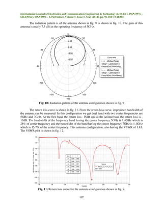International Journal of Electronics and Communication Engineering & Technology (IJECET), ISSN 0976 –
6464(Print), ISSN 0976 – 6472(Online), Volume 5, Issue 5, May (2014), pp. 96-104 © IAEME
102
The radiation pattern is of the antenna shown in fig. 9 is shown in fig. 10. The gain of this
antenna is nearly 7.5 dBi at the operating frequency of 5GHz.
Fig: 10: Radiation pattern of the antenna configuration shown in fig. 9
The return loss curve is shown in fig. 11. From the return loss curve, impedance bandwidth of
the antenna can be measured. In this configuration we get dual band with two center frequencies are
5GHz and 7GHz. At the first band the return loss -15dB and at the second band the return loss is -
13dB. The bandwidth of the frequency band having the center frequency 5GHz is 1.4GHz which is
28% of center frequency and the bandwidth of the band having the center frequency 7GHz is 1.1GHz
which is 15.7% of the center frequency. This antenna configuration, also having the VSWR of 1.83.
The VSWR plot is shown in fig. 12.
Fig. 11: Return loss curve for the antenna configuration shown in fig. 9.
 
