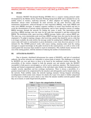 International Journal of Electronics and Communication Engineering  Technology (IJECET), ISSN 0976 – 
6464(Print), ISSN 0976 – 6472(Online), Volume 5, Issue 7, July (2014), pp. 01-08 © IAEME 
 
3 
II. DYMO 
Dynamic MANET On-demand Routing (DYMO) [4] is a reactive routing protocol under 
development by the Mobile Ad hoc Networks Working Group from IETF and is intended for use by 
mobile routers in wireless, multi-hop networks. It offers adaption for topology changes and 
determines unicast routes on-demand. Its main activities are the route discovery and route 
maintenance mechanisms, achieved through its route requisition (RREQ), route reply (RREP) and 
route error (RRER) messages. It employs sequence numbers to ensure loop freedom and also to 
avoid the dissemination of ancient routing information, and its basic operation consists of sending 
RREQ messages through the network for finding the routes it needs. The intermediate nodes 
receiving a RREQ message store the route for the node that originated it and then reforward the 
RREQ. The destination node, upon receiving a RREQ message, replies with a unicast RREP one. 
The same way, every intermediate node receiving a RREP message stores the route for the node that 
originated it. To adapt to topology changes, after receiving a packet that should be sent to a link that 
is no longer available, the node notifies the message sender by sending back a RERR message. IF the 
source node still wants to send packets to given destination, a new route discovery process is to be 
initiated [5]. The DYMO protocol works with source routing, meaning nodes read the routing 
messages to acquire knowledge on the paths involved in the search process, as well as write in the 
search packet the necessary hops needed to reach its destination. This method clearly increases the 
size of the routing packets, with the intention of reducing the number of retransmissions. 
III. ATTACKS In MANET’s 
Due to dynamic, distributed infrastructure less nature of MANETs, and lack of centralized 
authority, the ad hoc networks are vulnerable to various kinds of attacks. The challenges to be faced 
by MANETs are over and above to those to be faced by the traditional wireless networks. The 
accessibility of the wireless channel to both the genuine user and attacker make the MANET 
susceptible to both passive eavesdroppers as well as active malicious attackers. The limited power 
backup and limited computational capability of the individual nodes hinders the implementation of 
complex security algorithms and key exchange mechanisms. There is always a possibility of a 
genuine trusted node to be compromised by the attackers and subsequently used to launch attacks on 
the network. Node mobility makes the network topology dynamic forcing frequent networking 
reconfiguration which creates more chances for attacks [6]. Layer wise attack is further categorized 
into five layers in which an active attack is one where the attacker modifies network packets while 
they are in transit, or sends forged network packets. 
Table 1: Layer wise categorization of attacks 
 