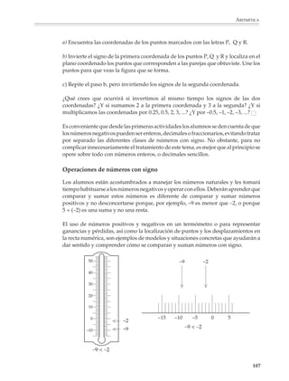 ARITMÉTICA



                             Para no confundirse el fabricante elabora una tabla como la siguiente, que a ti te
                             toca llenar.

                                      CANTIDAD           PRECIO              DESCUENTO              PRECIO NETO

                                      1
                                      2
                                      3
                                      4
                                      5
                                      6
                                      7
                                      8
                                      9
                                  10
                                  11
                                      1 docena
                                      2 docenas
                                      3 docenas
                                      4 docenas
                                      5 docenas

                             2. En una caja de ahorros ofrecen 16% de intereses si la inversión es a un año y 1.2%
                             si la inversión es a un mes. Si una persona tiene $1 000.00 y los quiere mantener un
                             año en la caja para obtener la mayor ganancia ¿qué plan de inversión le conviene
                             más?

                             3. Una comerciante compra zapatos de $ 190.00, pero le descuentan 20% en la fábrica.
                             Si ella los vende con una ganancia de 25% sobre el precio de fábrica antes del
                             descuento, ¿cuánto le cuesta, cuál es el precio al que vende y cuánto gana en cada par
                             de zapatos?

                             Los números con signo

                             Primeros ejemplos

                             La idea de utilizar los símbolos + y – para indicar cómo se ubican ciertas cantidades
                             respecto a otra que se toma como valor de referencia, no es difícil de comprender.
                             Pero plantear y realizar operaciones donde intervengan números con signo y, en
                             particular, cantidades negativas, resulta menos accesible para muchos alumnos.
                             Esto no es algo que deba sorprender, ya que aun grandes matemáticos de los siglos


                                                                                                                  105



M/SEC/P-090-120.PM6.5 copy      105                                             6/20/01, 12:27 PM
 