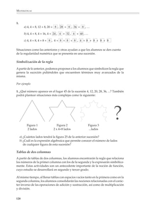 MATEMÁTICAS



             que preparan el acceso al álgebra, como son las ecuaciones que pueden resolverse
             por medios aritméticos y las primeras ideas relacionadas con la jerarquía de
             operaciones y el uso de paréntesis en la aritmética. Este último tema ya se trató en la
             parte de aritmética de este libro.

             Primeras actividades

             En algunos casos, las expresiones con literales forman parte del conocimiento que
             poseen los alumnos al ingresar a la educación secundaria. Así ocurre, por ejemplo, con
             las fórmulas sencillas para calcular perímetros, áreas y volúmenes de las figuras y
             cuerpos usuales. Sin embargo, estas fórmulas sólo han sido vistas como abreviaturas
             de los procedimientos, por lo que los alumnos casi nunca han utilizado las expresiones
             con literales para simbolizar una relación aritmética o geométrica entre cantidades.

             Las siguientes actividades podrán servir para apoyar este aprendizaje.

             Percepción de patrones y regularidades

             A partir de sucesiones de números y figuras que presentan algún patrón de compor-
             tamiento, los alumnos podrán encontrar algunos de los términos que dan continuidad
             a la sucesión. Es conveniente comenzar con situaciones sencillas, aumentando paula-
             tinamente el grado de dificultad, ya que en este momento sólo se trata de que los
             alumnos se den cuenta del patrón y puedan establecer tres o cuatro términos más de
             la sucesión. Problemas como estos preparan para percibir patrones y regularidades y
             para expresar su generalidad por medio del lenguaje numérico y diagramático.

             Por ejemplo

             1. Continúa las siguientes listas de números.

                                           a) 2, 4,     ,     , 10,        ,…

                                           b) 4, 12, 20,      ,       ,…

                                           c) 1, 4, 9, 16,        ,   ,…

                                           d) 22, 19, 16,         ,   ,…

             2. Dibuja la figura faltante en cada sucesión.
                                                                                •      •      •     •   •
                                                                                •      •      •     •   •
                a)
                                         • • •                                  •      •      •     •   •
                             • •         • • •                                  •      •      •     •   •
                     •       • •         • • •                                  •      •      •     •   •
               Figura 1     Figura 2      Figura 3            Figura 4                   Figura 5

             126



M/SEC/P-121-178.PM6.5           126                                             6/20/01, 11:12 AM
 