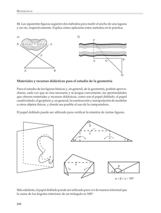 MATEMÁTICAS



              hasta pequeños problemas de construcción, donde se les proporcionen algunos
              datos que determinen una figura y se les pida trazarla.

              Por ejemplo
              1. Trazar el círculo con centro en un punto O y radio igual 3.5 cm.

              2. Construir el triángulo ABC sabiendo que AB = 5 cm, BC = 6 cm y CA = 7 cm.
              3. Dibujar el cuadrado ABCD cuyos lados AB, BC, CD y DA miden 6.8 cm.
              4. Trazar el rectángulo PQRS de lados PQ = 4.5 cm y QR = 6.3 cm.

              5. Dibujar el triángulo MNP de lados MN = 7.5 cm, NP = 7.5 cm y PM = 5 cm.
              6. Trazar el triángulo XYZ tal que XY = 6 cm, XZ = 7.5 cm y ángulo ZXY = 35o.
              7. Dibujar un segmento AB de 7 cm de longitud y trazar el círculo que pasa por sus
              extremos y lo tiene como diámetro.
              8. Construir el cuadrado XYZW sabiendo que sus diagonales XZ y YW miden 10 cm
              de longitud.
              9. Dibujar el rectángulo IJKL sabiendo que sus diagonales IK y JL miden 9 cm y se
              intersectan formando un ángulo de 50o.
              10. Trazar el rombo ABCD tal que sus diagonales midan respectivamente AC = 9 cm
              y BD = 6 cm de longitud.
              11. Construir el rombo TUVW sabiendo que sus lados miden 5cm y una de las
              diagonales mide 6 cm.
              12. Trazar el rectángulo PQRS sabiendo que el lado PQ mide 6cm y la diagonal PR
              mide 10 cm.

              Explorar las propiedades de las figuras geométricas

              Es recomendable diseñar actividades más abiertas y favorables a la exploración de las
              propiedades de las figuras geométricas, sin limitarse a ejercicios que sólo piden
              construir una figura a la vez. En particular, convendrá proponer actividades y
              problemas para que los alumnos se familiaricen gradualmente con las situaciones
              claves de la geometría y aprendan a reconocerlas.

              Por ejemplo
              1. Para cada inciso dibuja, si es posible, un triángulo DEF con las medidas indicadas:
              a) DE = 3 cm, EF = 4 cm y FD = 5 cm
              b) DE = 4 cm, EF = 5 cm y FD = 10 cm
              c) DE = 5 cm, EF = 7 cm y FD = 5 cm
              d) DE = 8 cm, EF = 3 cm y FD = 4 cm

              208



M/SEC/P-179-270.PM6.5          208                                             6/20/01, 11:14 AM
 