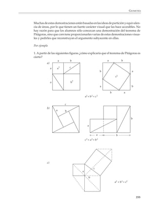 GEOMETRÍA



                        Recubrimiento del plano por polígonos regulares

                        El plano puede cubrirse utilizando triángulos equiláteros, cuadrados y hexágonos
                        regulares del mismo tamaño; tal y como se muestra a continuación:



                                 90°   90°

                                 90°   90°
                                                                                                                    60°
                                                                                                              60°         60°
                                                                                                              60°         60°
                                                                                                                    60°




                                                                         120°


                                                                  120°          120°




                        1. ¿Existen otros recubrimientos del plano que sólo utilicen polígonos regulares de
                        la misma forma y tamaño?

                        Conviene dejar que los alumnos experimenten y se convenzan de que la respuesta
                        es negativa, para lo cual necesitarán recortar pentágonos, heptágonos,... y tratar de
                        utilizarlos para cubrir el plano.

                        Es fácil ver por qué no se puede cubrir el plano con pentágonos regulares. Al intentar
                        hacerlo se descubre que en un vértice del recubrimiento tendrían que coincidir
                        exactamente tres o cuatro pentágonos, pero esto no es posible porque el ángulo
                        interior de un pentágono mide 108o y al multiplicar 108 por tres o por cuatro no se
                        obtiene 360, sino que en un caso el resultado es menor y en el otro mayor.



                                                                                                       108°
                                                    108°
                                                                                                              108°
                                             108°          108°                                108°




                                             3 × 108° = 324°                                   4 × 108° = 432°

                                                                                                                                     253



M/SEC/P-179-270.PM6.5      253                                                         6/20/01, 11:14 AM
 