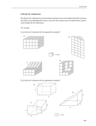 GEOMETRÍA



                        Los programas recomiendan que se propongan actividades para observar y explorar
                        las características de las secciones que se forman al cortar un sólido por un plano,
                        avanzando, en el tercer grado, hasta el estudio de las secciones que se forman al
                        cortar prismas y pirámides por una familia de plano paralelos (casos sencillos).

                        Por ejemplo
                        1. En cada inciso está dibujado un paralelepípedo recto y la sección formada al
                        cortarlo por un plano. Indicar en cada caso cuáles son las características del cua-
                        drilátero ABCD y sus dimensiones.
                           a)                                                                     b)

                                                5 cm   B                                                                  3 cm
                                12 cm
                                       A                                                                                         4 cm
                                    5 cm
                                                                   C    4 cm
                        8 cm
                                                                                                                          4 cm
                                                                                                                   3 cm
                                                   D
                                                                                                        6 cm
                                        11 cm           4 cm

                        2. ¿Cómo es el triángulo AFH? ¿Cuáles son sus dimensiones? ¿Su área?
                                                                               H                               G



                                                           E
                                                                                       F

                                                       3 cm                                                    C

                                                                                                 4 cm

                                                        A              4 cm
                                                                                   B

                        3. ¿Cuál es la naturaleza de la pirámide EBDG inscrita en el cubo? ¿Cuánto miden sus
                        aristas? ¿Cuánto su superficie?
                                                                           H                     G


                                                               E                   F




                                                                       D
                                                                                                  C

                                                               A       10 cm           B



                                                                                                                                  265



M/SEC/P-179-270.PM6.5      265                                                             6/20/01, 11:14 AM
 