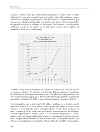 MATEMÁTICAS



              Gráficas de sectores o circulares, que permiten mostrar y comparar los tamaños
              relativos de las partes que componen un todo.

                                                           MÉXICO EN EL MERCADO DE AMÉRICA DEL NORTE


                                                        Consumidores      Producto Interno Bruto       Comercio Exterior
                                                                                     Méx.             Méx.
                                                                                     2.9%             3.8%
                                                                 Méx.                  Can.                     Can.
                                                                 23.3%                                         20.7%
                                                                                       7.4%
                                                         EU        Can.
                                                        69.4%                       EU                         EU
                                                                   7.3%
                                                                                   89.7%                      75.5%




                                                                                                                                                           FUENTE: Banco Mundial, 1988.
                                                        Comparación América del Norte-Comunidad Económica Europea
                        AN . . . . . . . . 355 mill.                       AN . . . US$5.013 mill.   AN . . . . . US$894 mill.
                        CEE . . . . . . . 323 mill.                        CEE . . US$4.143 mill.    CEE . . US$1.901 mill.




              Gráficas de datos que varían con el tiempo, como pueden ser la población, los precios, los
              cambios de temperatura, de la precipitación pluvial y de los índices de contamina-
              ción a lo largo de un periodo, etcétera.

                                                          VARIACIÓN EN EL PRECIO DE MICROCOMPUTADORAS

                                                           0
                                                          -5
                         Disminución en el precio (%)




                                                         -10
                                                         -15
                                                         -20
                                                         -25
                                                         -30
                                                         -35
                                                         -40
                                                                                                                                   FUENTE: La Recherche.




                                                         -45
                                                               2 3 4 1 2 3 4 1 2 3 4 1 2 3 4 1 2 3
                                                                1988   1989    1990    1991   1992
                                                                                 Trimestres


              286



M/SEC/P-271-327.PM6.5                                      286                                                 6/20/01, 11:16 AM
 