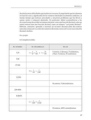 ARITMÉTICA



                                  decimal acarrea dificultades que tardan en vencerse. Es importante que los alumnos
                                  revisen los usos y significados de los números decimales en distintos contextos, al
                                  mismo tiempo que realizan actividades y resuelven problemas que los lleven a
                                  sumar, restar y comparar decimales. En particular, deben acostumbrarse a las
                                  diversas formas de escribir un número decimal: como una fracción decimal, como un
                                  entero natural más una fracción decimal, como un número “con punto decimal”.
                                  Deberán, asimismo, aprender a encerrar un nú-mero decimal entre dos enteros
                                  naturales consecutivos, entre dos números decimales consecutivos con una sola cifra
                                  decimal, etcétera.

                                  Por ejemplo

                                  1. Completa la tabla.



                        EL NÚMERO                       SU DESARROLLO                                  SE LEE

                                                         2        5            25   3 enteros, 2 décimos, 5 centésimos,
                           3.25                 3   +        +         o 3+
                                                        10       100          100   o bien: 3 enteros, 25 centésimos

                           5.08


                          17.345

                                                          1            5
                                                73   +           +
                                                         100         1 000


                           3.2355


                                                                                    16 enteros, 5 diezmilésimos


                         228.4000


                           8.00035

                                                           1           3
                                                0   +            +
                                                         1 000       10 000


                                                                                    35 enteros, 4 855 cienmilésimos



                                                                                                                          47



M/SEC/P-033-089.PM6.5                47                                                  6/20/01, 11:08 AM
 
