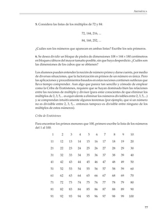 MATEMÁTICAS



              4. Considera todos los números que pueden obtenerse permutando (cambiando
              de lugar) las cifras de 8 025. ¿Cuántos son divisibles entre 2? ¿Entre 3? ¿Entre 5?
              ¿Entre 9?

              Factorización y números primos

              Las nociones de número primo, de mínimo común múltiplo y máximo común
              divisor pueden explorarse desde el primer grado por medio de problemas, pero los
              procedimientos basados en la factorización en primos de un número tendrán que
              esperar a que los alumnos maduren un poco más.

              1. Las parejas de primos 3 y 5, 5 y 7, 11 y 13, ... son llamadas primos gemelos
              porque tan sólo difieren entre sí en dos unidades. Encuentra todas las parejas
              de primos gemelos entre 1 y 100. Los números 3, 5 y 7 constituyen una terna de
              primos consecutivos tales que 5 – 3 = 2 y 7 – 5 = 2. ¿Habrá otra terna con estas
              características? Encuéntrala o explica por qué no la hay.

              2. Los matemáticos han buscado, desde hace mucho tiempo, una fórmula para
              encontrar números primos, pero no han podido hallar una que sólo produzca
              primos al sustituir sucesivamente los valores 1, 2, 3,... en ella. Sustituye estos valores
              en las siguientes fórmulas e investiga cuál es el primer valor para el cual no se obtiene
              un número primo:

              a) p = n2 + n + 5

              b) p = n2 + n + 11

              c) p = n2 + n + 17

              Investiga lo que ocurre con las fórmulas p = n2 + n + 7 y p = n2 + n + 13.

              3. Con el 1 y ocho primos menores que 100 puede formarse un cuadrado mágico cuya
              suma es 111. Encuéntralo.




              4. ¿Cuál es el menor número que puede dividirse entre 1, 2, 3, 4, 5, 6, 7, 8, 9 y 10?



             76



M/SEC/P-033-089.PM6.5              76                                             6/20/01, 11:08 AM
 