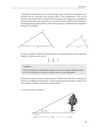 ARITMÉTICA



                             Proporcionalidad y semejanza de figuras

                             Dos figuras son semejantes cuando tienen la misma forma, aunque no necesariamen-
                             te el mismo tamaño. Por ejemplo, dos cuadrados siempre son semejantes, y lo mismo
                             pasa con dos círculos. En cambio dos rombos o dos rectángulos pueden no ser
                             semejantes.



                             1.        a)                                            3.          a)                       b)

                                                             b)




                                                                  b)
                             2.        a)                                        4.                   a)




                                                                                                              b)




                             Las siguientes estrellas también son semejantes entre sí.

                                                                           A'
                                                                                                                    B'

                                              A
                                                             B


                                                                                                                                 C'
                             O                  E                      C


                                                                                E'
                                                         D




                                                                                                               D'



                                                                                                                                 93



M/SEC/P-090-120.PM6.5 copy        93                                                      6/20/01, 12:27 PM
 