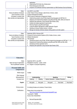 applications.
• Implementing PKI (Public Key infrastructure).
• Personalizing java smart cards.
• Empower CA (Certificate Authority) implementation by HSM (Hardware Security Modules).
Dates June 2007 to June 2008
Name and address of employer Jordan Telecom Group (Orange), Jabal Amman, Amman, Jordan
Type of business or sector Customer Management & Billing
Occupation or position held CRM (Customer relationship management) Analyst
Main activities and responsibilities • Implementing projects using C#.Net programming languages and ASP.Net 2.0.
• Designing and Implementing database using Microsoft SQL 2000, 2005 and Oracle 9i.
• Designing web application using Cascade Style Sheets (CSS).
• Analysis and design applications requirements.
• Planning Projects using Microsoft Project.
• Customer Relation Management (CRM) Application Support
• Handling (In-House) Projects (internet –intranet)
• Manage and develop interfaces between billing systems and other system.
Dates September 2005 to February 2007
Name and address of employer Computer & Communications Systems (CCS), Khalda, Amman, Jordan
Type of business or sector Software Development
Occupation or position held .Net developer
Main activities and responsibilities • Developing projects using C#.Net, VB.Net programming languages and ASP.Net 1.1, 2.0.
• Designing and Implementing database using Microsoft SQL 2000 and SQL 2005.
• Developing windows application forms.
• Designing web application using Cascade Style Sheets (CSS).
Education
Dates September 2001 to July 2005
Name and type of organization Philadelphia University – Jerash, Jordan
Title of qualification awarded B. E. Degree in Computer Engineering
Personal skills and
competences
Mother tongue Arabic
Other language
Self-assessment Understanding Speaking Writing
Listening Reading Spoken Interaction Spoken ProductionEuropean level
English Very good Very good Very good Very Good Very Good
Driving License I'm holding Emirates and Jordanian, Private Vehicle.
Certifications Please refer to the provided link:
https://mcp.microsoft.com/authenticate/ValidateMCP.aspx
Transcript ID: 746096
Access Code: AbdullahSaid
• Microsoft Specialist (MS):
Page 3 of 5 Curriculum Vitae Mobile: (+971) 501050643
Eng. Abdullah R. H. Said Abu Dhabi, United Arab Emirates
 