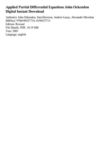 Applied Partial Differential Equations John Ockendon | PDF