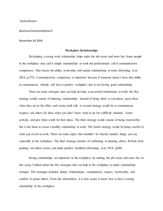 Tasha Hanson
BusinessCommunicationsll
November14,2014
Workplace Relationships
Developing a strong work relationship helps make the job easier and more fun. Some people
in the workplace may call it simply relationships at work but professionals call it communication
competence. That means the ability to develop and sustain relationships at work (Downing, et.al.
2014, p.275). Communication competence is important because if someone doesn’t have that ability
to communicate, nobody will have a positive workplace due to not having good relationships.
There are some strategies that can help develop a successful relationship at work; the first
strategy would consist of initiating relationships. Instead of being silent to coworkers, greet them
when they are in the office and create small talk. A second strategy would be to communicate
respect;, ask others for ideas when you don’t know what to do for a difficult situation. Listen
actively, and give them credit for their ideas. The third strategy would consist of being trustworthy;
this is the basis to create a healthy relationship at work. The fourth strategy would be being careful of
what you reveal at work. There are some topics that shouldn’t be shared; monitor things you say
especially in the workplace. The final strategy consists of confirming or praising others. Refrain from
pointing out others errors, and make positive feedback (Downing, et.al. 2014, p280).
Strong relationships are important in the workplace by making the job easier and more fun. In
this essay, I talked about the five strategies that can help in the workplace to make relationships
stronger. The strategies included initiate relationships, communicate respect, trustworthy, and
confirm or praise others. From this information, it is now easier to know how to have a strong
relationship in the workplace.
 