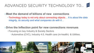 Telebriefing Security Solutions | Public | © Telefonaktiebolaget LM Ericsson 2015 | 2015-04-15 | Page 12
Advanced security technology to…
› Meet the demand of billions of new connections
–Technology today is not only about connecting objects… It is about the data
integrity, its security and what companies do with it…
› Drive the Inflection point for new connections revenues
–Focusing on key Industry & Society Sectors
› Automotive (CVC), Industry 4.0, Health care (m-health) & Utilities.
Telebriefing Security Solutions | Public | © Telefonaktiebolaget LM Ericsson 2015 | 2015-04-15 | Page 12
 