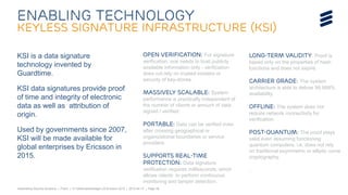Telebriefing Security Solutions | Public | © Telefonaktiebolaget LM Ericsson 2015 | 2015-04-15 | Page 28
KSI is a data signature
technology invented by
Guardtime.
KSI data signatures provide proof
of time and integrity of electronic
data as well as attribution of
origin.
Used by governments since 2007,
KSI will be made available for
global enterprises by Ericsson in
2015.
Enabling technology
keyless signature infrastructure (KSI)
Open Verification: For signature
verification, one needs to trust publicly
available information only - verification
does not rely on trusted insiders or
security of key-stores.
Massively scalable: System
performance is practically independent of
the number of clients or amount of data
signed / verified.
Portable: Data can be verified even
after crossing geographical or
organizational boundaries or service
providers.
Supports Real-time
Protection: Data signature
verification requires milliseconds, which
allows clients to perform continuous
monitoring and tamper detection.
Long-term validity: Proof is
based only on the properties of hash
functions and does not expire.
Carrier Grade: The system
architecture is able to deliver 99.999%
availability.
Offline: The system does not
require network connectivity for
verification.
Post-Quantum: The proof stays
valid even assuming functioning
quantum computers, i.e. does not rely
on traditional asymmetric or elliptic curve
cryptography.
.
 