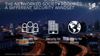 Telebriefing Security Solutions | Public | © Telefonaktiebolaget LM Ericsson 2015 | 2015-04-15 | Page 3
THE NetworkED society REQUIRES
A different SECURITY mINDSET
Security for
people
Security for
business
Security for
society
Telebriefing Security Solutions | Public | © Telefonaktiebolaget LM Ericsson 2015 | 2015-04-15 | Page 3
 