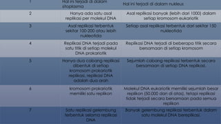 1 Hal ini terjadi di dalam
sitoplasma
Hal ini terjadi di dalam nukleus
2 Hanya ada satu asal
replikasi per molekul DNA
Asal replikasi banyak (lebih dari 1000) dalam
setiap kromosom eukariotik
3 Asal replikasi terbentuk
sekitar 100-200 atau lebih
nukleotida
Setiap asal replikasi terbentuk dari sekitar 150
nukleotida
4 Replikasi DNA terjadi pada
satu titik di setiap molekul
DNA prokariotik
Replikasi DNA terjadi di beberapa titik secara
bersamaan di setiap kromosom
5 Hanya dua cabang replikasi
dibentuk di setiap
kromosom prokariotik
replikasi, replikasi DNA
adalah dua arah
Sejumlah cabang replikasi terbentuk secara
bersamaan di setiap DNA replikasi.
6 kromosom prokariotik
memiliki satu replikon
Molekul DNA eukariotik memiliki sejumlah besar
replikon (50.000 dan di atas), tetapi replikasi
tidak terjadi secara bersamaan pada semua
replikon
7 Satu replikasi gelembung
terbentuk selama replikasi
DNA
Banyak gelembung replikasi terbentuk dalam
satu molekul DNA bereplikasi.
 