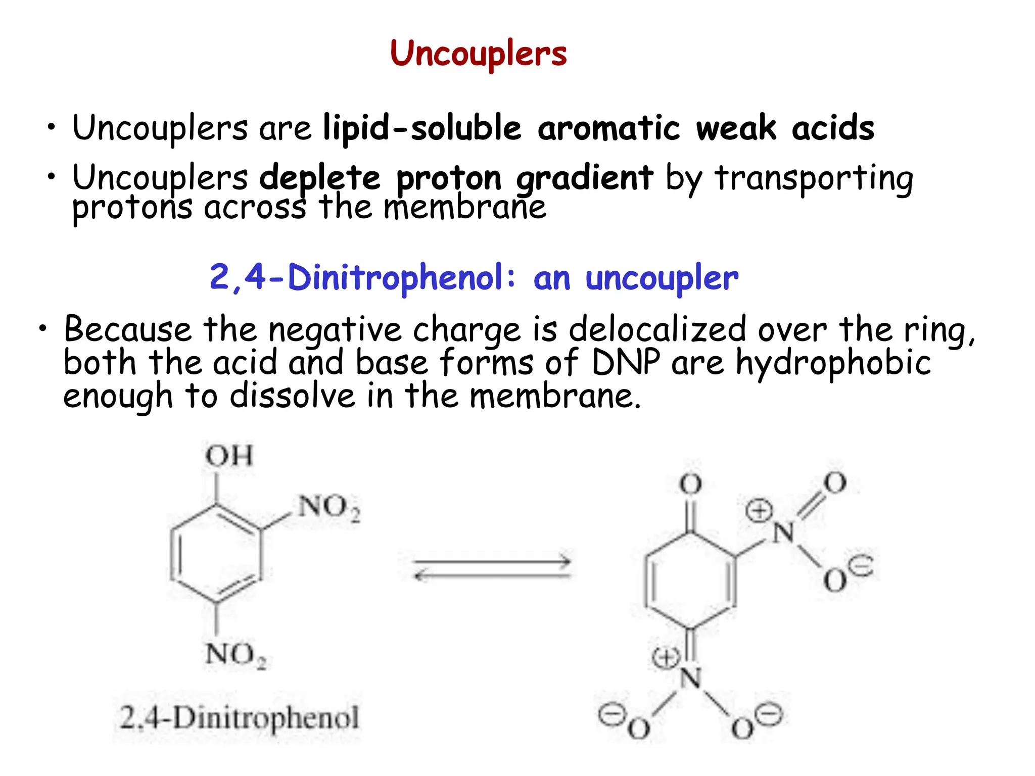 • Uncouplers are lipid-soluble aromatic weak acids
• Uncouplers deplete proton gradient by transporting
protons across the membrane
Uncouplers
2,4-Dinitrophenol: an uncoupler
• Because the negative charge is delocalized over the ring,
both the acid and base forms of DNP are hydrophobic
enough to dissolve in the membrane.
 