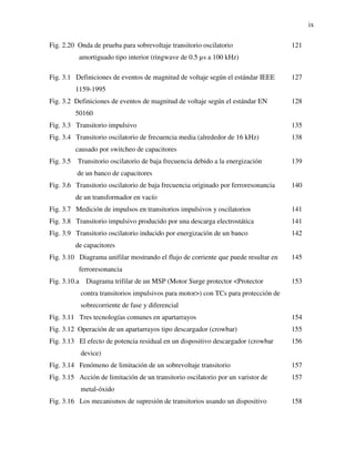 ix
Fig. 2.20 Onda de prueba para sobrevoltaje transitorio oscilatorio
amortiguado tipo interior (ringwave de 0.5 µs a 100 kHz)
121
Fig. 3.1 Definiciones de eventos de magnitud de voltaje según el estándar IEEE
1159-1995
127
Fig. 3.2 Definiciones de eventos de magnitud de voltaje según el estándar EN
50160
128
Fig. 3.3 Transitorio impulsivo 135
Fig. 3.4 Transitorio oscilatorio de frecuencia media (alrededor de 16 kHz)
causado por switcheo de capacitores
138
Fig. 3.5 Transitorio oscilatorio de baja frecuencia debido a la energización
de un banco de capacitores
139
Fig. 3.6 Transitorio oscilatorio de baja frecuencia originado por ferroresonancia
de un transformador en vacío
140
Fig. 3.7 Medición de impulsos en transitorios impulsivos y oscilatorios 141
Fig. 3.8 Transitorio impulsivo producido por una descarga electrostática 141
Fig. 3.9 Transitorio oscilatorio inducido por energización de un banco
de capacitores
142
Fig. 3.10 Diagrama unifilar mostrando el flujo de corriente que puede resultar en
ferroresonancia
145
Fig. 3.10.a Diagrama trifilar de un MSP (Motor Surge protector <Protector
contra transitorios impulsivos para motor>) con TCs para protección de
sobrecorriente de fase y diferencial
153
Fig. 3.11 Tres tecnologías comunes en apartarrayos 154
Fig. 3.12 Operación de un apartarrayos tipo descargador (crowbar) 155
Fig. 3.13 El efecto de potencia residual en un dispositivo descargador (crowbar
device)
156
Fig. 3.14 Fenómeno de limitación de un sobrevoltaje transitorio 157
Fig. 3.15 Acción de limitación de un transitorio oscilatorio por un varistor de
metal-óxido
157
Fig. 3.16 Los mecanismos de supresión de transitorios usando un dispositivo 158
 