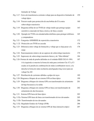 x
limitador de Voltaje
Fig. 3.17 Curva de transferencia corriente-voltaje para un dispositivo limitador de
voltaje típico
159
Fig. 3.18 Tirector usado para protección de una bobina de CA contra
sobrevoltajes transitorios
160
Fig. 3.19 Diagrama trifilar de un TVSS de voltaje medio que protege equipo
sensititivo conectado de línea a tierra y de línea a neutro
163
Fig. 3.20 Ejemplo de TVSS con entrada/salida telefónica para proteger teléfonos
y computadoras
165
Fig. 3.21 Categorías ANSI/IEEE de exposición a transitorios 172
Fig. 3. 22 Protección con TVSS en cascada 176
Fig. 3.23 Diferencia entre voltaje de limitación y voltaje que se deja pasar a la
carga
178
Fig. 3.24 Funcionamiento relativo de un supresor de sobrevoltaje transitorio 179
Fig. 3.25 Supresores de sobrevoltaje transitorio básico y de “filtro híbrido” 184
Fig. 3.26 Formas de onda de prueba definidas en el estándar IEEE C62.41-1991.
A la izquierda se muestra la forma de onda para corrientes Cat. C3 y C1
usadas en la prueba de combinación de ondas (combination wave), a la
derecha la forma de onda oscilatoria amortiguada (ring wave) para un
voltaje Cat. B3
187
Fig. 3.27 Distribución de corrientes debidas a golpes de rayos 189
Fig. 3.28 Diagrama a bloques de un sistema UPS en línea típico 199
Fig. 3.29 Diagrama a bloques de sistema UPS con transformador de aislamiento
de baja frecuencia a la salida
201
Fig. 3.30 Diagrama a bloques de sistema UPS en línea con transformador de
aislamiento de alta frecuencia
202
Fig. 3.31 Sistema UPS fuera de línea típico 203
Fig. 3.32a Sistema UPS fuera de línea con transformador de tres devanados 205
Fig. 3.32b Transformador de tres devanados 206
Fig. 3.32c Regulador Estático de Voltaje (SVR) 206
Fig. 3.33 Diagrama a bloques de un sistema UPS de línea interactiva típico 207
 