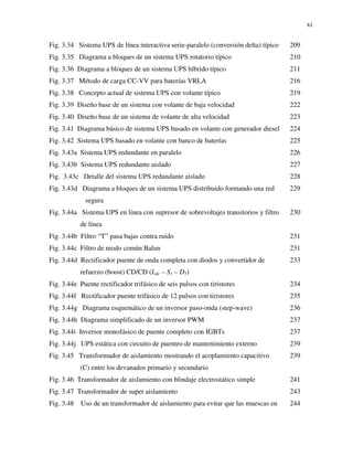 xi
Fig. 3.34 Sistema UPS de línea interactiva serie-paralelo (conversión delta) típico 209
Fig. 3.35 Diagrama a bloques de un sistema UPS rotatorio típico 210
Fig. 3.36 Diagrama a bloques de un sistema UPS híbrido típico 211
Fig. 3.37 Método de carga CC-VV para baterías VRLA 216
Fig. 3.38 Concepto actual de sistema UPS con volante típico 219
Fig. 3.39 Diseño base de un sistema con volante de baja velocidad 222
Fig. 3.40 Diseño base de un sistema de volante de alta velocidad 223
Fig. 3.41 Diagrama básico de sistema UPS basado en volante con generador diesel 224
Fig. 3.42 Sistema UPS basado en volante con banco de baterías 225
Fig. 3.43a Sistema UPS redundante en paralelo 226
Fig. 3.43b Sistema UPS redundante aislado 227
Fig. 3.43c Detalle del sistema UPS redundante aislado 228
Fig. 3.43d Diagrama a bloques de un sistema UPS distribuido formando una red
segura
229
Fig. 3.44a Sistema UPS en línea con supresor de sobrevoltajes transitorios y filtro
de línea
230
Fig. 3.44b Filtro “T” pasa bajas contra ruido 231
Fig. 3.44c Filtro de modo común Balun 231
Fig. 3.44d Rectificador puente de onda completa con diodos y convertidor de
refuerzo (boost) CD/CD (Ldc – S1 – D5)
233
Fig. 3.44e Puente rectificador trifásico de seis pulsos con tiristores 234
Fig. 3.44f Rectificador puente trifásico de 12 pulsos con tiristores 235
Fig. 3.44g Diagrama esquemático de un inversor paso-onda (step-wave) 236
Fig. 3.44h Diagrama simplificado de un inversor PWM 237
Fig. 3.44i Inversor monofásico de puente completo con IGBTs 237
Fig. 3.44j UPS estática con circuito de puenteo de mantenimiento externo 239
Fig. 3.45 Transformador de aislamiento mostrando el acoplamiento capacitivo
(C) entre los devanados primario y secundario
239
Fig. 3.46 Transformador de aislamiento con blindaje electrostático simple 241
Fig. 3.47 Transformador de super aislamiento 243
Fig. 3.48 Uso de un transformador de aislamiento para evitar que las muescas en 244
 