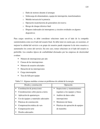 125
o Daño de motores durante el arranque
o Sobrecarga de alimentadores, equipo de interrupción, transformadores
o Medida inexacta de la potencia
o Operación insatisfactoria de generadores de reserva
o Riesgo de choque eléctrico fatal
o Disparos indeseados de interruptores y circuitos residuales en algunos
dispositivos
Para cargas sensitivas, se debe considerar soluciones tanto en el lado de la compañía
suministradora como en el lado del usuario final. Se debe tener en cuenta que, en ocasiones, el
mejorar la calidad del servicio a un grupo de usuarios puede empeorar la de otros usuarios o
aumentarles los costos del servicio. En este caso, tomar soluciones en el lado del usuario es
preferible. Los estudios típicos de confiabilidad efectuados por las empresas de electricidad
evalúan:
Número de interrupciones por año
Causas de las interrupciones
Número de usuarios afectados
Duración de las interrupciones
Carga interrumpida
Tasa de falla por equipo
Tabla 3.1 Algunas medidas a tomar en problemas de calidad de la energía
Diseño y construcción Operación
Coordinación de protecciones
Consideraciones sobre puesta a tierra
Aplicación de apartarrayos
Uso de equipos y materiales adecuados
Prácticas de construcción
Compensación estática de vars
Compensación serie
Diseños adecuados
Inspecciones y mantenimientos
regulares a los equipos y líneas
Análisis de datos sobre
interrupciones
Monitoreo de líneas
Prácticas de operación de equipos
de maniobra
 