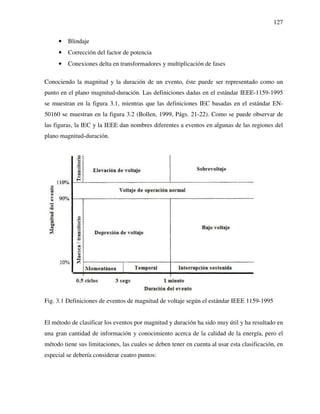127
• Blindaje
• Corrección del factor de potencia
• Conexiones delta en transformadores y multiplicación de fases
Conociendo la magnitud y la duración de un evento, éste puede ser representado como un
punto en el plano magnitud-duración. Las definiciones dadas en el estándar IEEE-1159-1995
se muestran en la figura 3.1, mientras que las definiciones IEC basadas en el estándar EN-
50160 se muestran en la figura 3.2 (Bollen, 1999, Págs. 21-22). Como se puede observar de
las figuras, la IEC y la IEEE dan nombres diferentes a eventos en algunas de las regiones del
plano magnitud-duración.
Fig. 3.1 Definiciones de eventos de magnitud de voltaje según el estándar IEEE 1159-1995
El método de clasificar los eventos por magnitud y duración ha sido muy útil y ha resultado en
una gran cantidad de información y conocimiento acerca de la calidad de la energía, pero el
método tiene sus limitaciones, las cuales se deben tener en cuenta al usar esta clasificación, en
especial se debería considerar cuatro puntos:
 