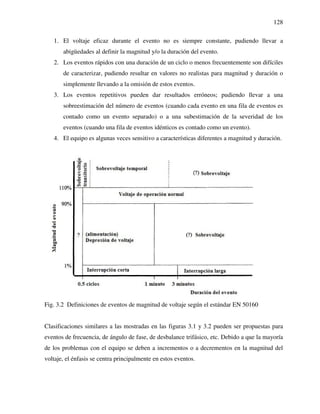 128
1. El voltaje eficaz durante el evento no es siempre constante, pudiendo llevar a
abigüedades al definir la magnitud y/o la duración del evento.
2. Los eventos rápidos con una duración de un ciclo o menos frecuentemente son difíciles
de caracterizar, pudiendo resultar en valores no realistas para magnitud y duración o
simplemente llevando a la omisión de estos eventos.
3. Los eventos repetitivos pueden dar resultados erróneos; pudiendo llevar a una
sobreestimación del número de eventos (cuando cada evento en una fila de eventos es
contado como un evento separado) o a una subestimación de la severidad de los
eventos (cuando una fila de eventos idénticos es contado como un evento).
4. El equipo es algunas veces sensitivo a características diferentes a magnitud y duración.
Fig. 3.2 Definiciones de eventos de magnitud de voltaje según el estándar EN 50160
Clasificaciones similares a las mostradas en las figuras 3.1 y 3.2 pueden ser propuestas para
eventos de frecuencia, de ángulo de fase, de desbalance trifásico, etc. Debido a que la mayoría
de los problemas con el equipo se deben a incrementos o a decrementos en la magnitud del
voltaje, el énfasis se centra principalmente en estos eventos.
 