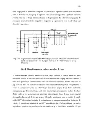 153
tener un paquete de protección completo. El capacitor de supresión debería estar localizado
entre el dispositivo a proteger y el supresor, y tan cerca del dispositivo a proteger como sea
posible para que se logre máxima eficacia en la protección. La selección del paquete de
protección contra transitorios impulsivos (capacitor y supresor) se basa en el voltaje del
dispositivo a proteger.
Fig. 10.a Diagrama trifilar de un MSP (Motor Surge protector <Protector contra transitorios
impulsivos para motor>) con TCs para protección de sobrecorriente de fase y
diferencial
3.4.1.1 Dispositivos descargadores (crowbar devices)
El término crowbar (circuito para cortocircuitar carga) viene de la idea de poner una barra
transversal a través de una línea para cortocircuitar la entrada a la carga y derivar la corriente a
tierra. Los apartarrayos cortocircuitan a tierra los transitorios de voltaje. Pueden tener o no un
gap (espacio) lleno con un material que actúa como un circuito abierto para el voltaje normal y
como un cortocircuito para los sobrevoltajes transitorios (figura 3.12). Estos materiales
incluyen aire, gas de ionización especial, o un material tipo cerámica como carburo de silicio
(SiC), usado en los apartarrayos de tecnología más antigua u óxido de zinc como material
descargador. La mayoría de los apartarrayos fabricados actualmente usan un varistor de metal-
óxido MOV (dispositivo limitador de voltaje) como el elemento principal de limitación de
voltaje. El ingrediente principal de un MOV es óxido de zinc (ZnO) combinado con varios
ingredientes propietarios para lograr las características y la durabilidad necesarias. El gap
 