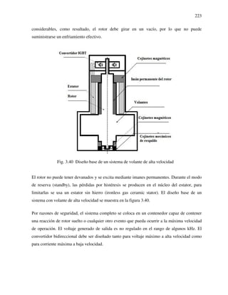 223
considerables, como resultado, el rotor debe girar en un vacío, por lo que no puede
suministrarse un enfriamiento efectivo.
Fig. 3.40 Diseño base de un sistema de volante de alta velocidad
El rotor no puede tener devanados y se excita mediante imanes permanentes. Durante el modo
de reserva (standby), las pérdidas por histéresis se producen en el núcleo del estator, para
limitarlas se usa un estator sin hierro (ironless gas ceramic stator). El diseño base de un
sistema con volante de alta velocidad se muestra en la figura 3.40.
Por razones de seguridad, el sistema completo se coloca en un contenedor capaz de contener
una reacción de rotor suelto o cualquier otro evento que pueda ocurrir a la máxima velocidad
de operación. El voltaje generado de salida es no regulado en el rango de algunos kHz. El
convertidor bidireccional debe ser diseñado tanto para voltaje máximo a alta velocidad como
para corriente máxima a baja velocidad.
 