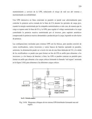 229
mantenimiento y servicio de la UPS, reduciendo el riesgo de mal uso del sistema e
incrementando su confiabilidad.
Una UPS interactiva en línea conectada en paralelo se puede usar adicionalmente para
controlar la potencia activa tomada de la línea de CA durante los periodos de carga pico,
cuando la energía suministrada por la compañía suministradora es más cara, de manera que la
carga se reparta entre la línea de CA y la UPS; para regular el voltaje suministrado a la carga
controlando la potencia reactiva suministrada por el inversor, para suprimir armónicos
compensando la potencia reactiva demandada o producida por la carga, logrando un alto factor
de potencia.
Las configuraciones mostradas para sistemas UPS son las básicas, pero pueden consistir de
varios rectificadores, varios inversores y varios bancos de baterías operando en paralelo,
asimismo, la alimentación puede ser a través de más de una línea dedicada de CA y la salida
de los rectificadores se puede usar para formar un bus de CD en anillo para alimentar a los
inversores y a los bancos de baterías; o bien, las UPS se pueden conectar en paralelo para
formar un anillo que alimente a las cargas críticas formando la llamada “red segura” mostrada
en la figura 3.43d, para alimentar a las diferentes cargas críticas.
Fig. 3.43d Diagrama a bloques de un sistema UPS distribuido formando una red
segura
 